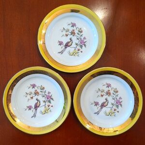 Set of 3 Vtg Eisenberg Bird Of Paradise Porcelain Bread Plates Yellow Gold GDR